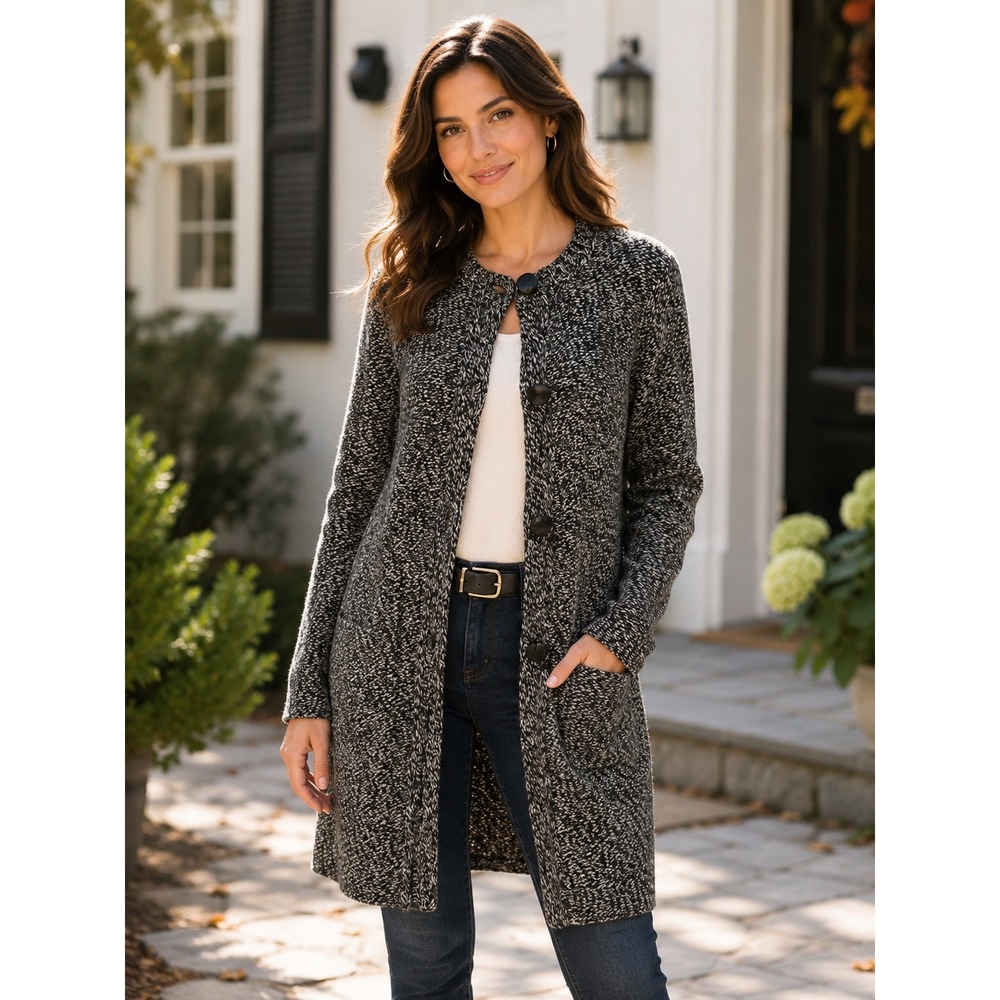 Talbots Womens M Cardigan Gray Wool Blend Long Salt Pepper Knit Button Sweater